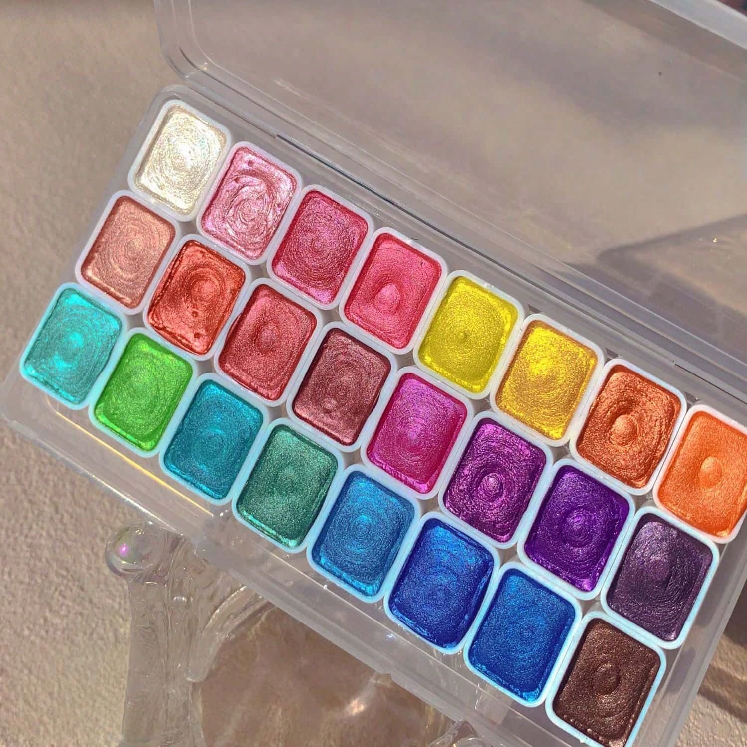 24 Colors Mini Portable Metal Watercolor Painting Set With Brushes, Pearlescent Watercolor Painting Suit,Transparent Box Packaging,Suitable For Painting, Manicure And DIY, Chinese Thangka Painting, Pe