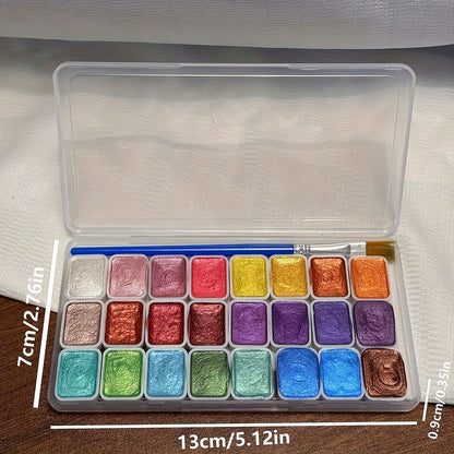 24 Colors Mini Portable Metal Watercolor Painting Set With Brushes, Pearlescent Watercolor Painting Suit,Transparent Box Packaging,Suitable For Painting, Manicure And DIY, Chinese Thangka Painting, Pe