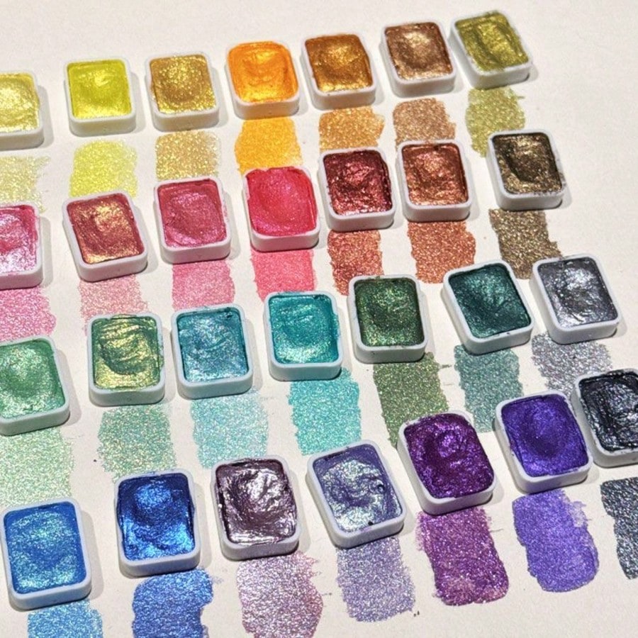 24 Colors Mini Portable Metal Watercolor Painting Set With Brushes, Pearlescent Watercolor Painting Suit,Transparent Box Packaging,Suitable For Painting, Manicure And DIY, Chinese Thangka Painting, Pe