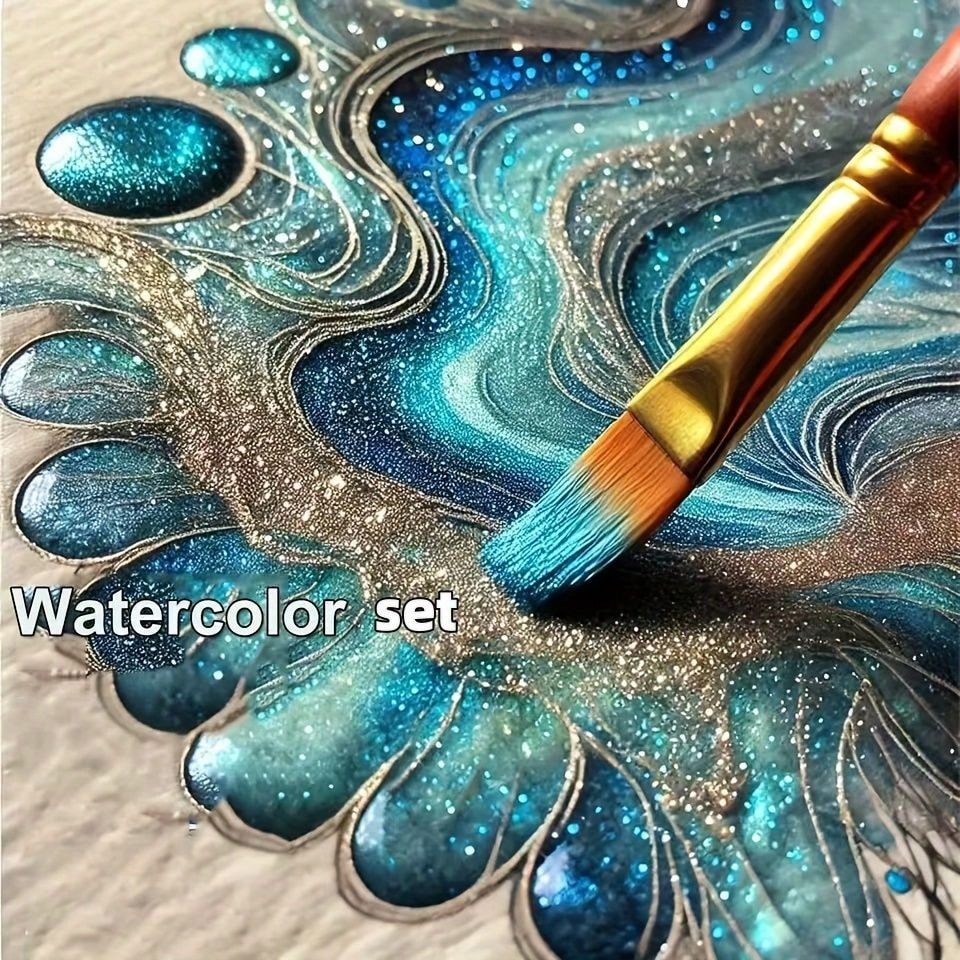 24 Colors Mini Portable Metal Watercolor Painting Set With Brushes, Pearlescent Watercolor Painting Suit,Transparent Box Packaging,Suitable For Painting, Manicure And DIY, Chinese Thangka Painting, Pe