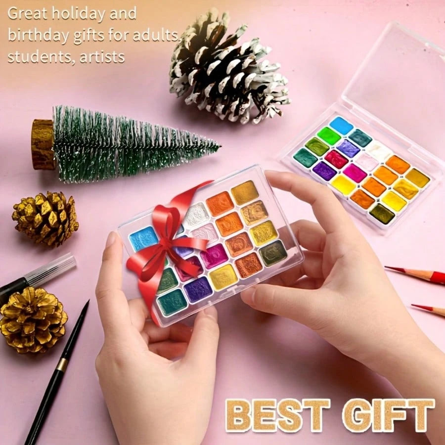 24 Colors Mini Portable Metal Watercolor Painting Set With Brushes, Pearlescent Watercolor Painting Suit,Transparent Box Packaging,Suitable For Painting, Manicure And DIY, Chinese Thangka Painting, Pe