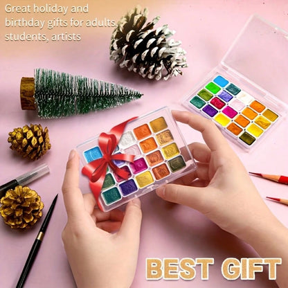24 Colors Mini Portable Metal Watercolor Painting Set With Brushes, Pearlescent Watercolor Painting Suit,Transparent Box Packaging,Suitable For Painting, Manicure And DIY, Chinese Thangka Painting, Pe