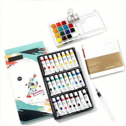24-Piece Artist Watercolor Paint Set With Iridescent Metallic Colors – Professional Grade Portable Box With Mixing Palette, Water Brush Pens, And High-Quality Paper – Essential Art Supplies For Sketch