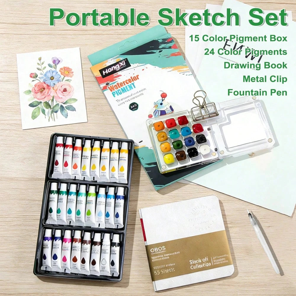 24-Piece Artist Watercolor Paint Set With Iridescent Metallic Colors – Professional Grade Portable Box With Mixing Palette, Water Brush Pens, And High-Quality Paper – Essential Art Supplies For Sketch