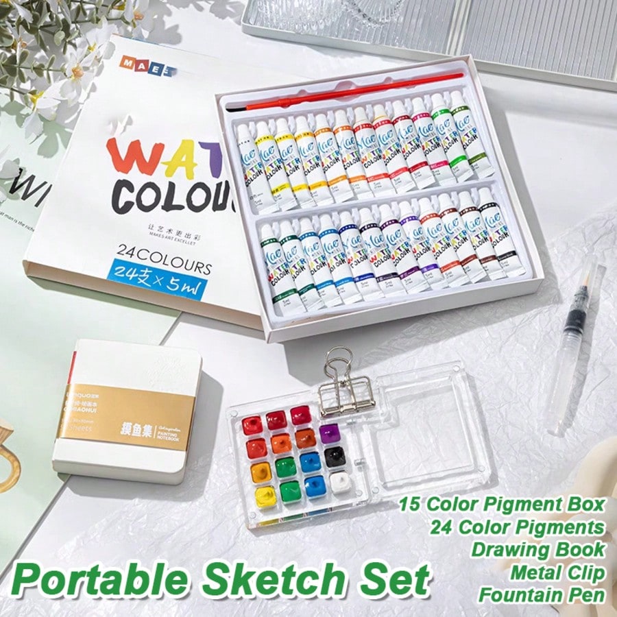 24-Piece Artist Watercolor Paint Set With Iridescent Metallic Colors – Professional Grade Portable Box With Mixing Palette, Water Brush Pens, And High-Quality Paper – Essential Art Supplies For Sketch