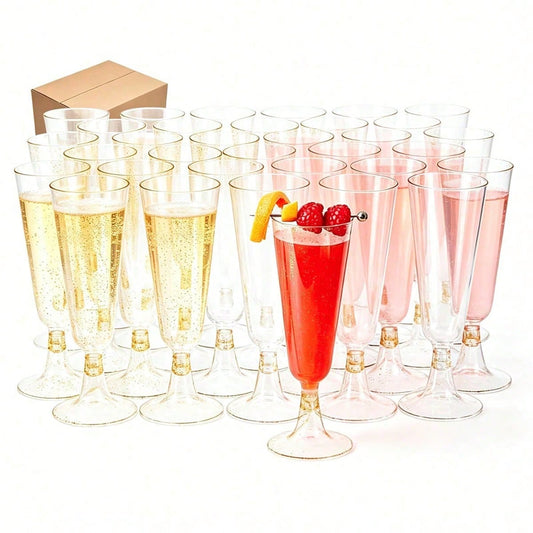 25/50pcs Elegant Reusable Plastic Champagne Flutes- 5oz Clear Wine Drinking Glasses, Durable & Stylish For Weddings, Bars, Restaurants, Parties, Thanksgiving, Christmas, Halloween, New Year Party