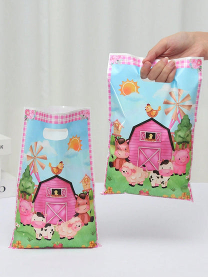 25/50pcs Plastic Farm Animal Theme Baby Shower Party Favor Bags, With Handles, Waterproof Reusable Gift Bags, Suitable For Kids Boys Girls Birthday, Gender Reveal, Daycare Party Supplies