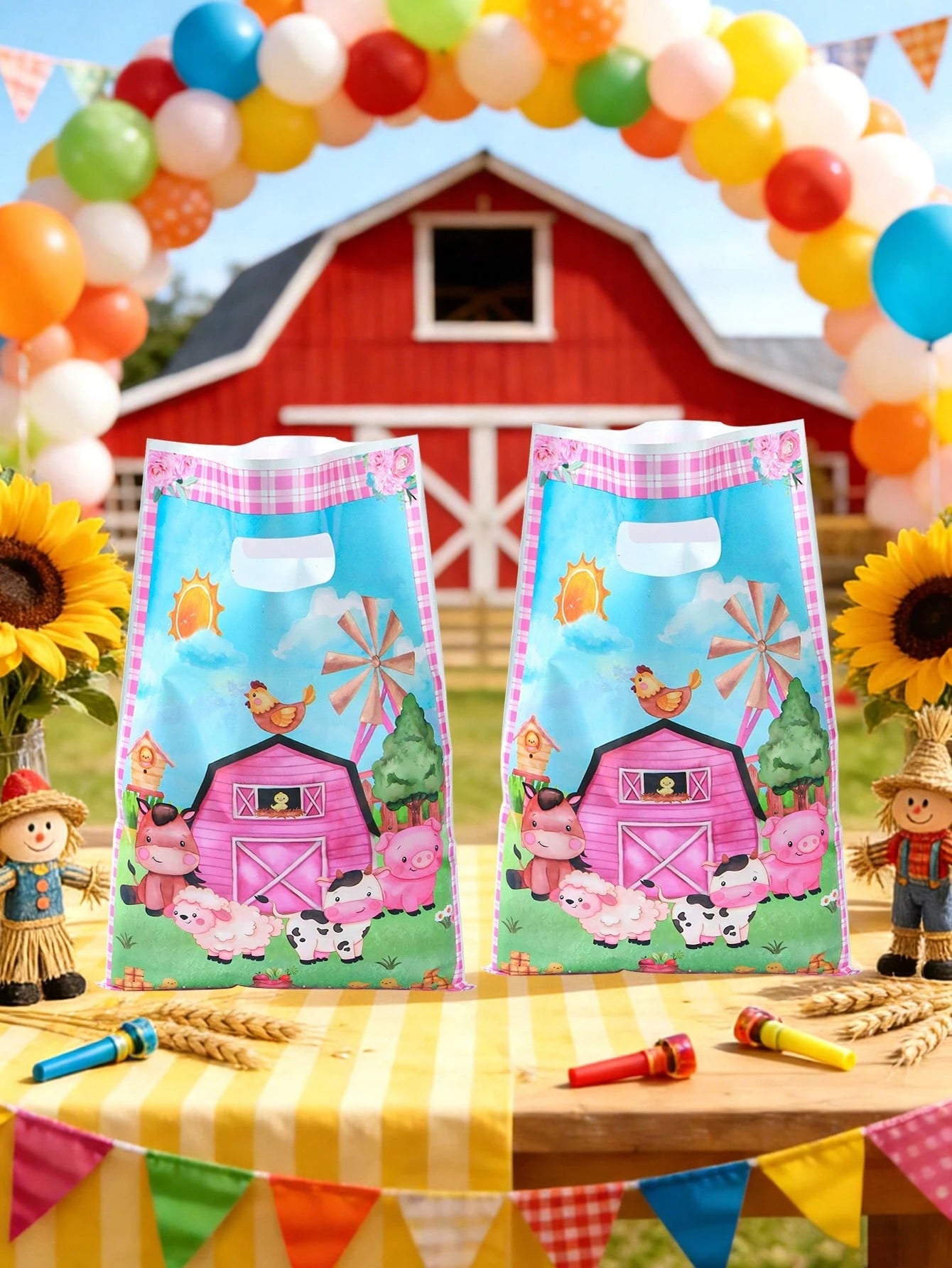 25/50pcs Plastic Farm Animal Theme Baby Shower Party Favor Bags, With Handles, Waterproof Reusable Gift Bags, Suitable For Kids Boys Girls Birthday, Gender Reveal, Daycare Party Supplies