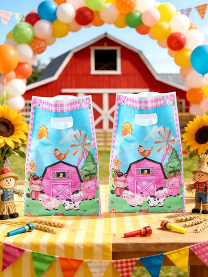 25/50pcs Plastic Farm Animal Theme Baby Shower Party Favor Bags, With Handles, Waterproof Reusable Gift Bags, Suitable For Kids Boys Girls Birthday, Gender Reveal, Daycare Party Supplies