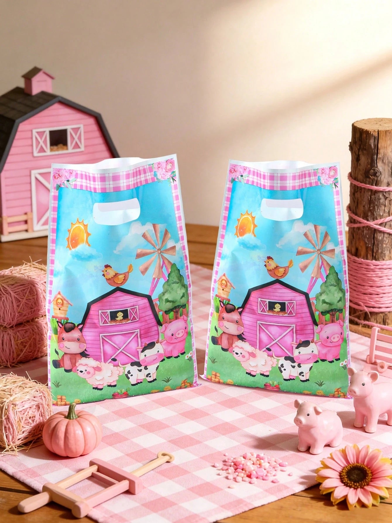 25/50pcs Plastic Farm Animal Theme Baby Shower Party Favor Bags, With Handles, Waterproof Reusable Gift Bags, Suitable For Kids Boys Girls Birthday, Gender Reveal, Daycare Party Supplies