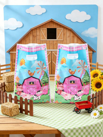 25/50pcs Plastic Farm Animal Theme Baby Shower Party Favor Bags, With Handles, Waterproof Reusable Gift Bags, Suitable For Kids Boys Girls Birthday, Gender Reveal, Daycare Party Supplies