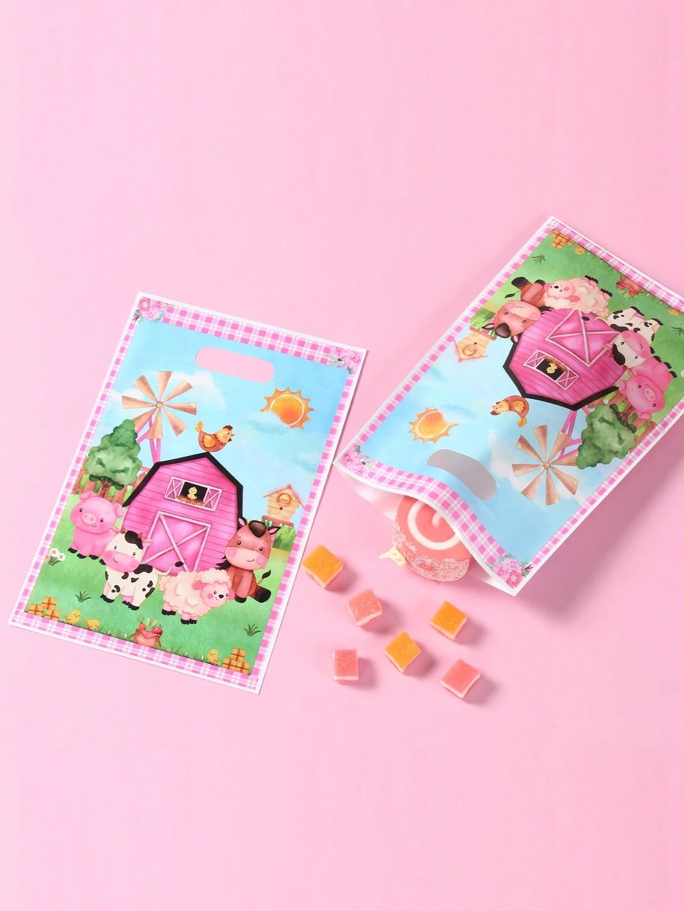 25/50pcs Plastic Farm Animal Theme Baby Shower Party Favor Bags, With Handles, Waterproof Reusable Gift Bags, Suitable For Kids Boys Girls Birthday, Gender Reveal, Daycare Party Supplies