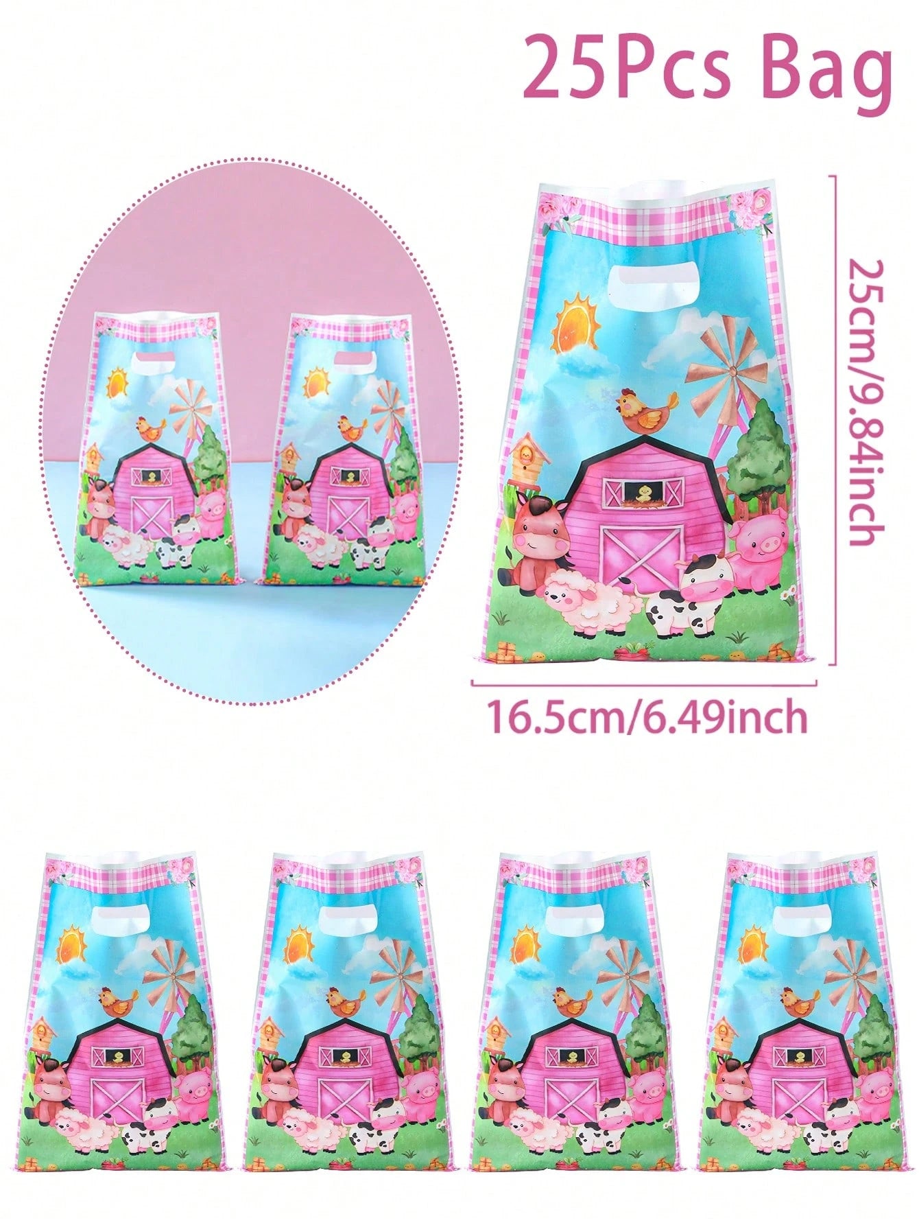25/50pcs Plastic Farm Animal Theme Baby Shower Party Favor Bags, With Handles, Waterproof Reusable Gift Bags, Suitable For Kids Boys Girls Birthday, Gender Reveal, Daycare Party Supplies
