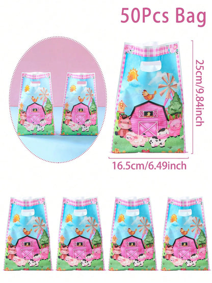 25/50pcs Plastic Farm Animal Theme Baby Shower Party Favor Bags, With Handles, Waterproof Reusable Gift Bags, Suitable For Kids Boys Girls Birthday, Gender Reveal, Daycare Party Supplies