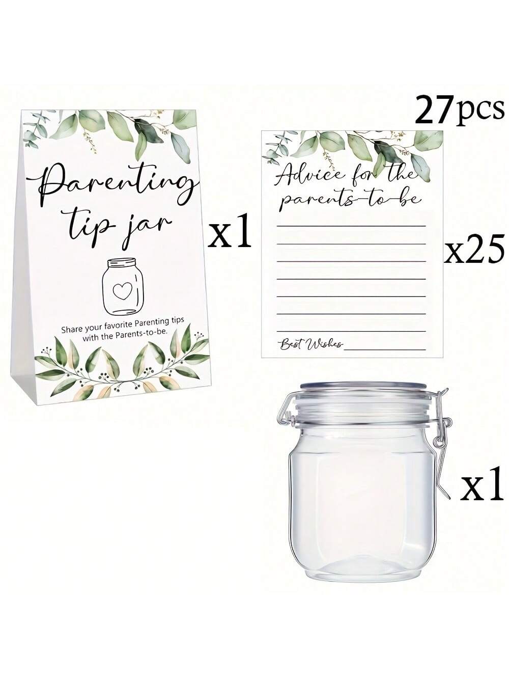 27/52pcs Baby Shower Game Prizes, Baby Shower Guidance Cans And Labels For New Parents, Includes 25/50 Parenting Tips Cards, 1 Bottle And 1 Label, Suitable For New Parents & Guests, Green Leaf Theme