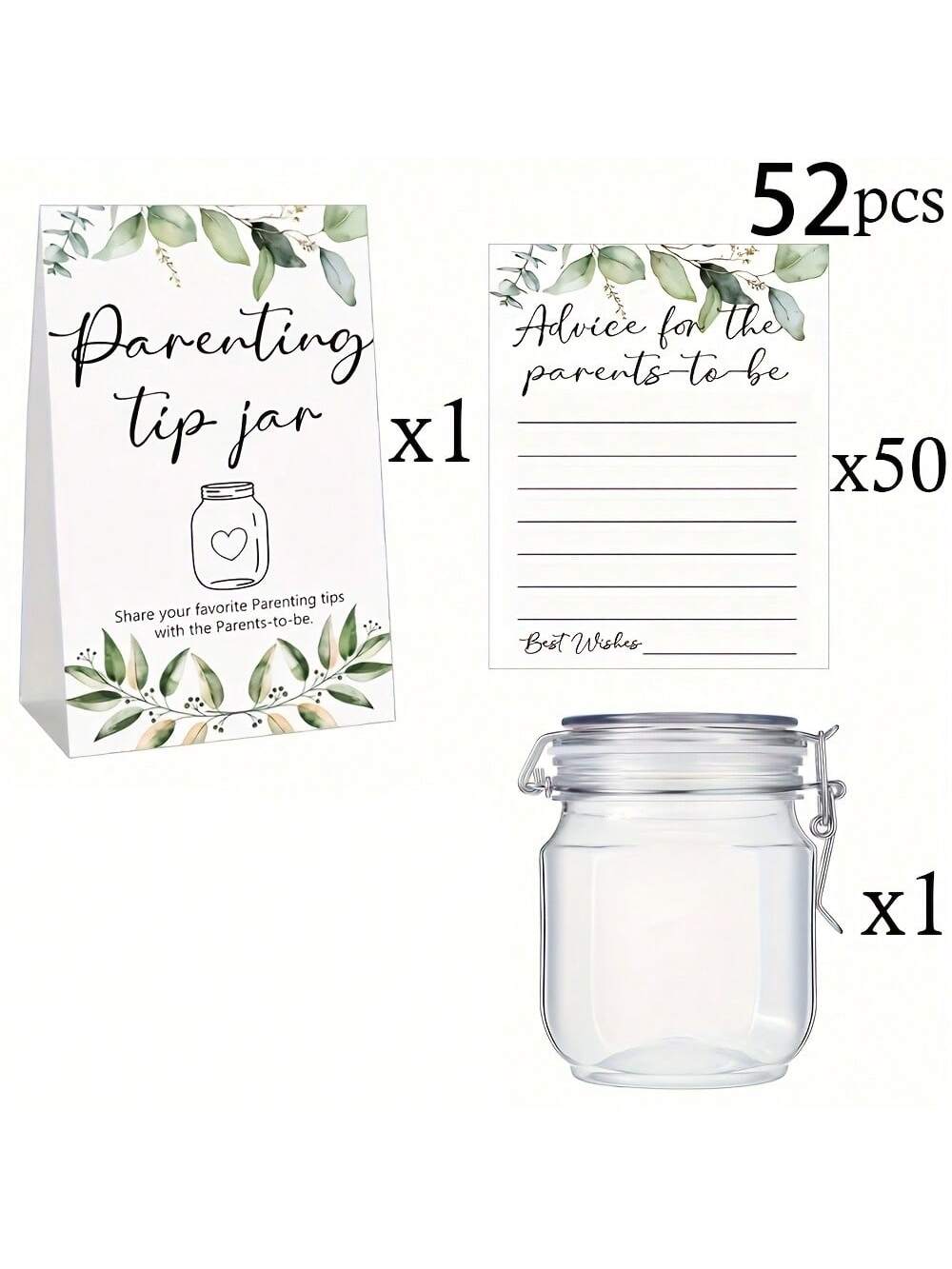 27/52pcs Baby Shower Game Prizes, Baby Shower Guidance Cans And Labels For New Parents, Includes 25/50 Parenting Tips Cards, 1 Bottle And 1 Label, Suitable For New Parents & Guests, Green Leaf Theme