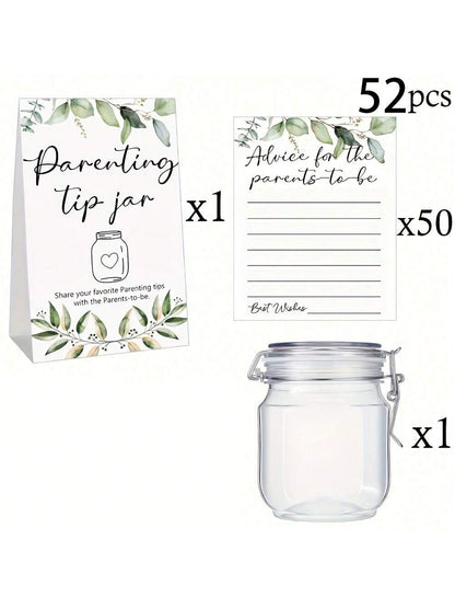27/52pcs Baby Shower Game Prizes, Baby Shower Guidance Cans And Labels For New Parents, Includes 25/50 Parenting Tips Cards, 1 Bottle And 1 Label, Suitable For New Parents & Guests, Green Leaf Theme
