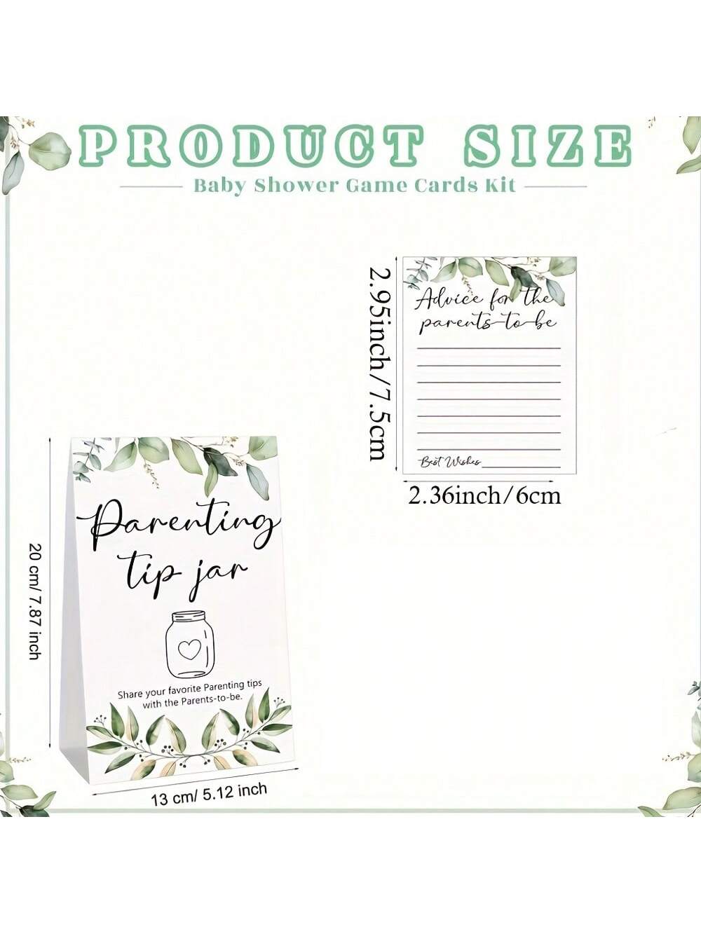 27/52pcs Baby Shower Game Prizes, Baby Shower Guidance Cans And Labels For New Parents, Includes 25/50 Parenting Tips Cards, 1 Bottle And 1 Label, Suitable For New Parents & Guests, Green Leaf Theme