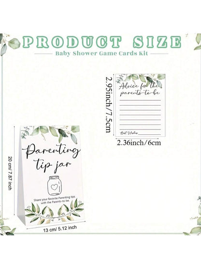27/52pcs Baby Shower Game Prizes, Baby Shower Guidance Cans And Labels For New Parents, Includes 25/50 Parenting Tips Cards, 1 Bottle And 1 Label, Suitable For New Parents & Guests, Green Leaf Theme