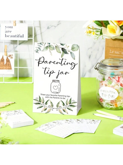 27/52pcs Baby Shower Game Prizes, Baby Shower Guidance Cans And Labels For New Parents, Includes 25/50 Parenting Tips Cards, 1 Bottle And 1 Label, Suitable For New Parents & Guests, Green Leaf Theme