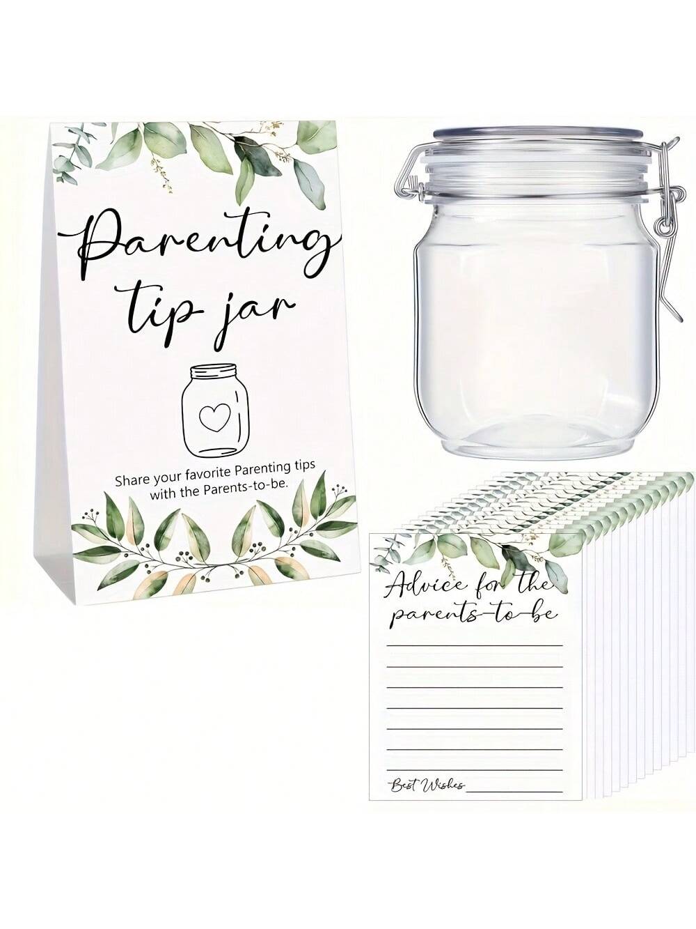 27/52pcs Baby Shower Game Prizes, Baby Shower Guidance Cans And Labels For New Parents, Includes 25/50 Parenting Tips Cards, 1 Bottle And 1 Label, Suitable For New Parents & Guests, Green Leaf Theme