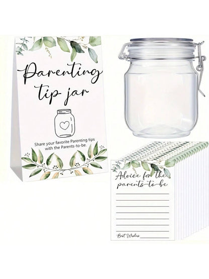 27/52pcs Baby Shower Game Prizes, Baby Shower Guidance Cans And Labels For New Parents, Includes 25/50 Parenting Tips Cards, 1 Bottle And 1 Label, Suitable For New Parents & Guests, Green Leaf Theme