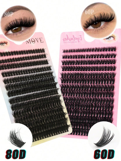 280pcs 80D&60D Mix Cluster Eyelash, 0.07mm Thickness, D Curl, 8mm-16mm Mix Length, Natural Style Russian Flat Dense Fluffy Handmade Mink Eyelash Cluster For Halloween Theatrical Makeup, Festival Makeu