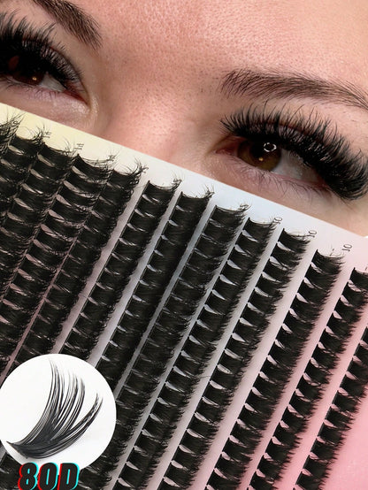 280pcs 80D&60D Mix Cluster Eyelash, 0.07mm Thickness, D Curl, 8mm-16mm Mix Length, Natural Style Russian Flat Dense Fluffy Handmade Mink Eyelash Cluster For Halloween Theatrical Makeup, Festival Makeu