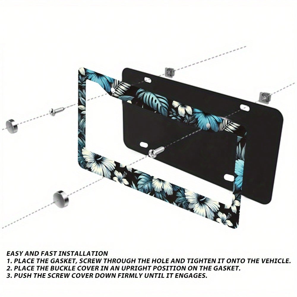 2D Flat, 1 Piece, Car Decoration Only, Hawaiian Floral License Plate Frame- Rust-Proof Aluminum, Tropical Leaf And Floral Design, Includes Screws And Cover, Dimensions Are 12.3x 6.3inch, Unisex Car A