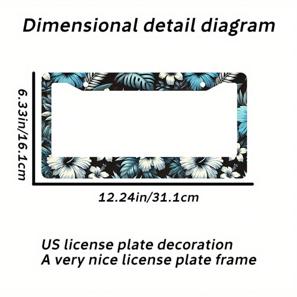 2D Flat, 1 Piece, Car Decoration Only, Hawaiian Floral License Plate Frame- Rust-Proof Aluminum, Tropical Leaf And Floral Design, Includes Screws And Cover, Dimensions Are 12.3x 6.3inch, Unisex Car A