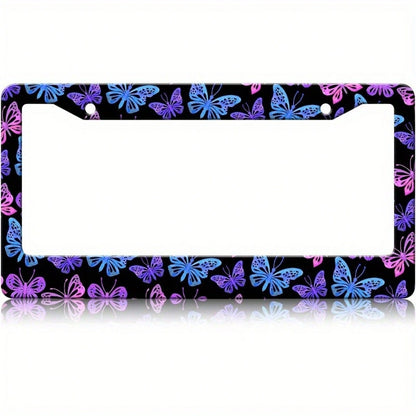 2D Flat Blue And Purple Butterfly Number Plate Frame, With Black Border| 12.2X 6.3inch Rust-Proof And Waterproof Aluminum License Plate Cover, Suitable For Standard American License Plates, Compati