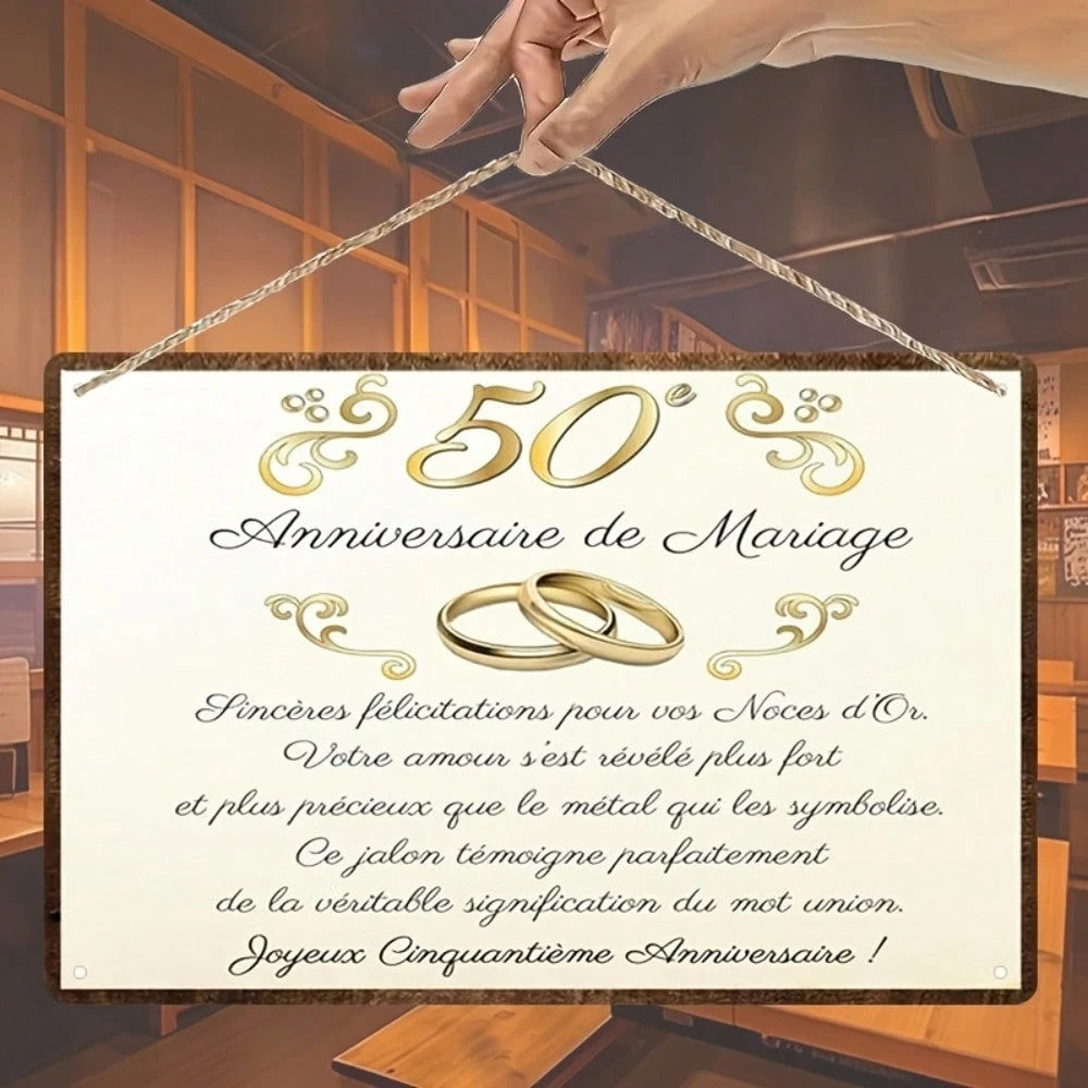 2D Flat- Vintage Metal Wall Art- 50th Anniversary Wedding Plaque With French Love Poem & Golden Accents, 8.0x12.0inch Rustic Home Decor For