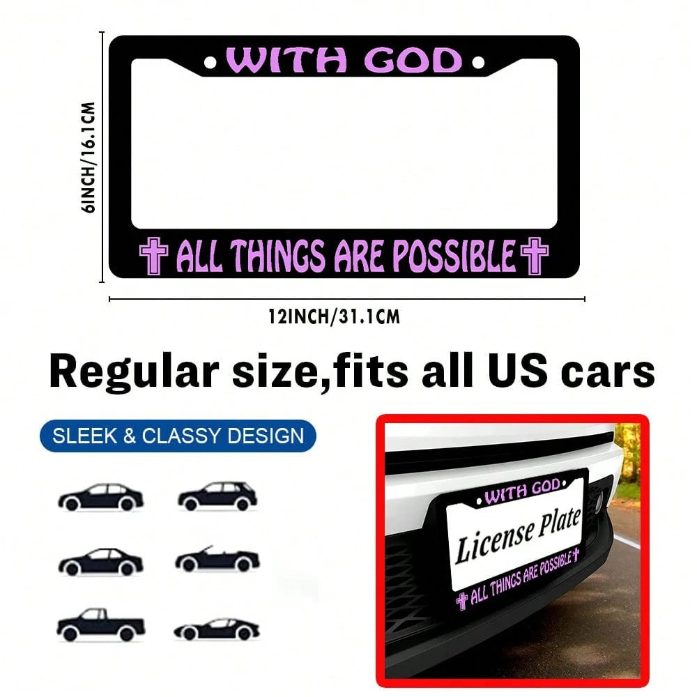 2PC WITH GOD ALL THINGS ARE POSSIBLE License Plate Holder, Colored License Plate Frame, Rust Proof And Waterproof Front And Rear License Plate Covers, 2-Hole Nut Set, Automotive Parts Label Holder Sui