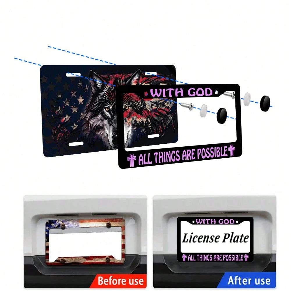 2PC WITH GOD ALL THINGS ARE POSSIBLE License Plate Holder, Colored License Plate Frame, Rust Proof And Waterproof Front And Rear License Plate Covers, 2-Hole Nut Set, Automotive Parts Label Holder Sui