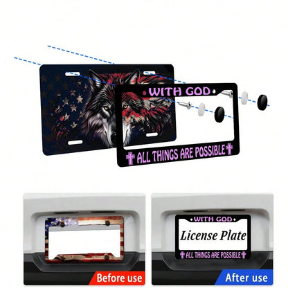 2PC WITH GOD ALL THINGS ARE POSSIBLE License Plate Holder, Colored License Plate Frame, Rust Proof And Waterproof Front And Rear License Plate Covers, 2-Hole Nut Set, Automotive Parts Label Holder Sui