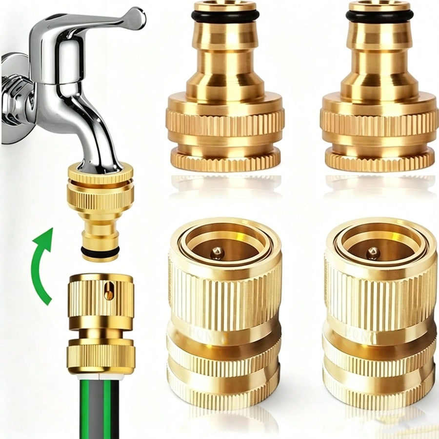 2PCS 2-In-1 Garden Hose Quick Connect Adapter, Fits 1/2" And 3/4" Faucet Male Thread, Thickened Copper-Plated Leak-Proof Hose Connector, Outdoor Garden Watering Hose Nozzle Quick Connection Pipe Tool