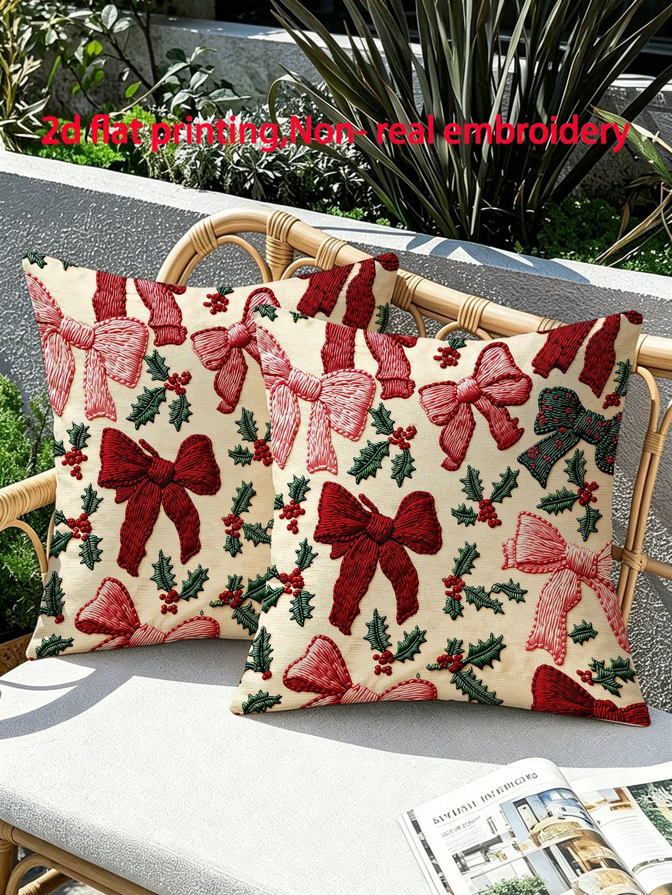 2pcs 2D Flat Printed Christmas Pillow Covers, Non-Embroidered Bow Winter Holiday Home Decor Cushion Covers, Size 45.72 Cm X 45.72 Cm, Christmas Gift Decorative Pillowcases, Suitable For Porch, Patio