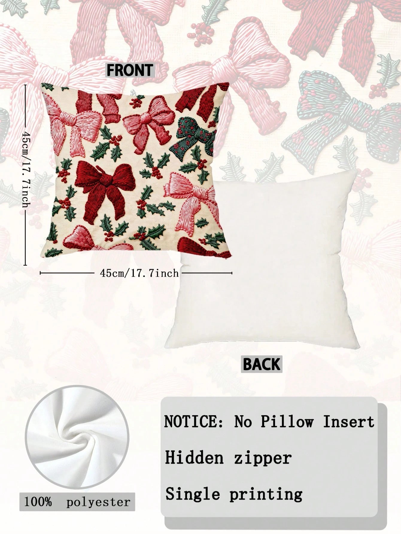 2pcs 2D Flat Printed Christmas Pillow Covers, Non-Embroidered Bow Winter Holiday Home Decor Cushion Covers, Size 45.72 Cm X 45.72 Cm, Christmas Gift Decorative Pillowcases, Suitable For Porch, Patio