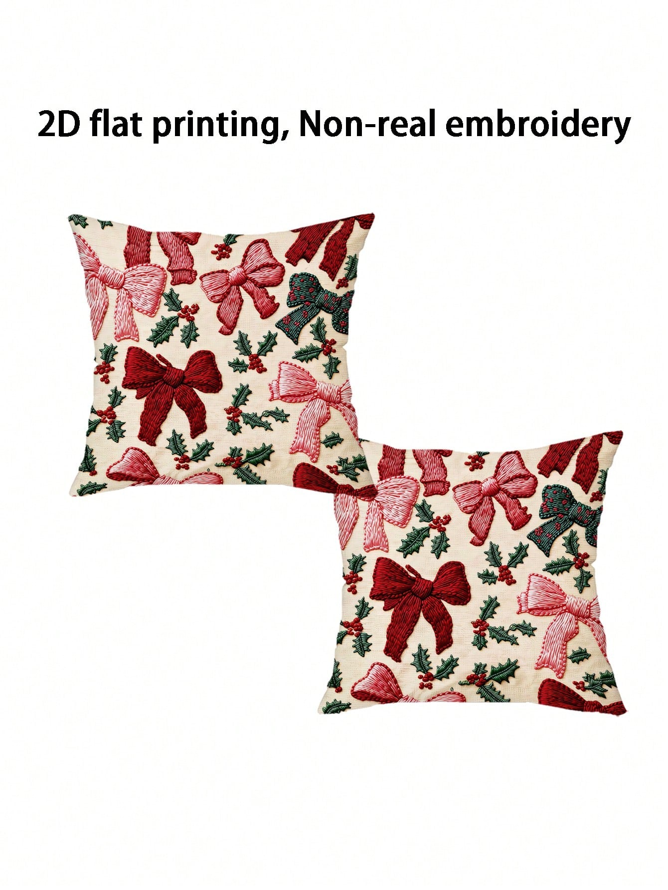 2pcs 2D Flat Printed Christmas Pillow Covers, Non-Embroidered Bow Winter Holiday Home Decor Cushion Covers, Size 45.72 Cm X 45.72 Cm, Christmas Gift Decorative Pillowcases, Suitable For Porch, Patio