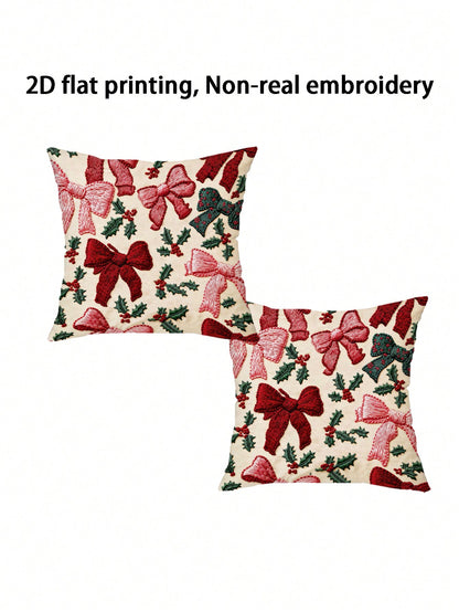 2pcs 2D Flat Printed Christmas Pillow Covers, Non-Embroidered Bow Winter Holiday Home Decor Cushion Covers, Size 45.72 Cm X 45.72 Cm, Christmas Gift Decorative Pillowcases, Suitable For Porch, Patio