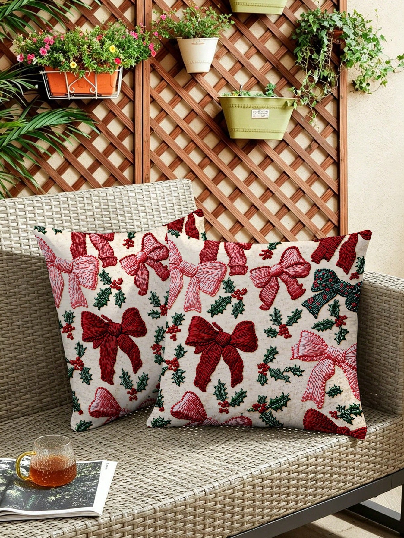 2pcs 2D Flat Printed Christmas Pillow Covers, Non-Embroidered Bow Winter Holiday Home Decor Cushion Covers, Size 45.72 Cm X 45.72 Cm, Christmas Gift Decorative Pillowcases, Suitable For Porch, Patio