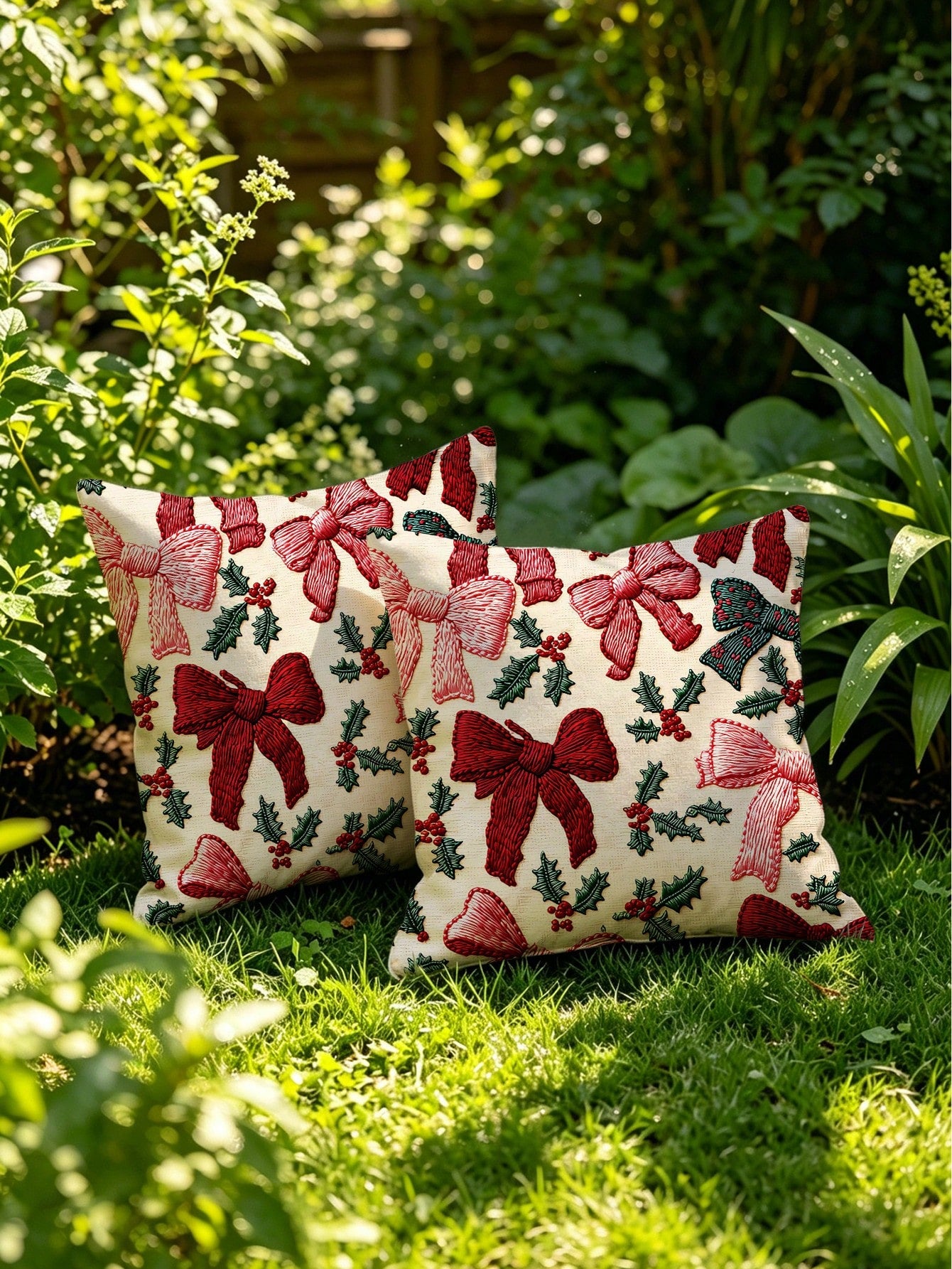 2pcs 2D Flat Printed Christmas Pillow Covers, Non-Embroidered Bow Winter Holiday Home Decor Cushion Covers, Size 45.72 Cm X 45.72 Cm, Christmas Gift Decorative Pillowcases, Suitable For Porch, Patio