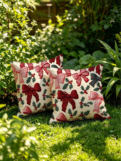 2pcs 2D Flat Printed Christmas Pillow Covers, Non-Embroidered Bow Winter Holiday Home Decor Cushion Covers, Size 45.72 Cm X 45.72 Cm, Christmas Gift Decorative Pillowcases, Suitable For Porch, Patio