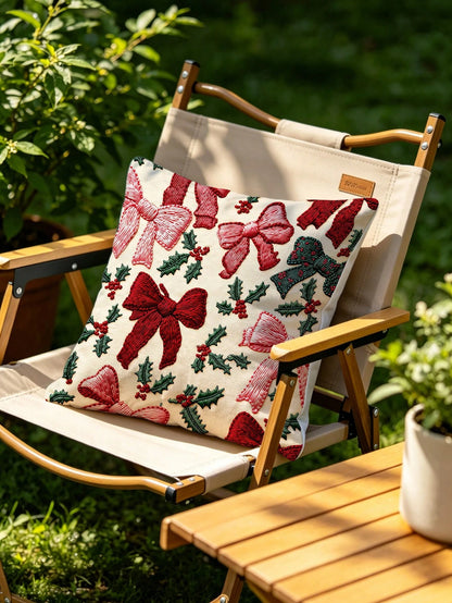 2pcs 2D Flat Printed Christmas Pillow Covers, Non-Embroidered Bow Winter Holiday Home Decor Cushion Covers, Size 45.72 Cm X 45.72 Cm, Christmas Gift Decorative Pillowcases, Suitable For Porch, Patio