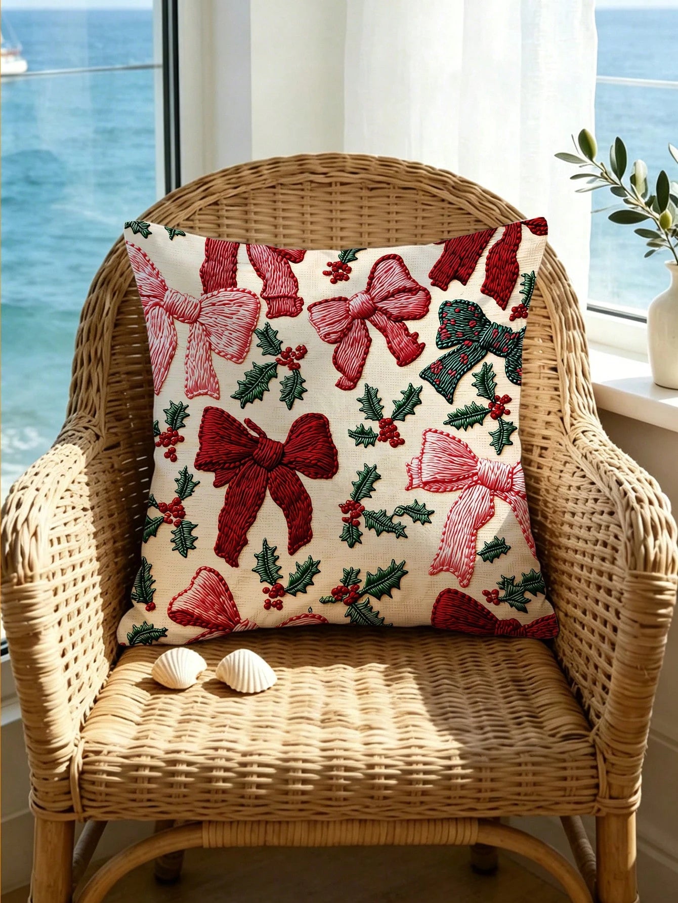2pcs 2D Flat Printed Christmas Pillow Covers, Non-Embroidered Bow Winter Holiday Home Decor Cushion Covers, Size 45.72 Cm X 45.72 Cm, Christmas Gift Decorative Pillowcases, Suitable For Porch, Patio