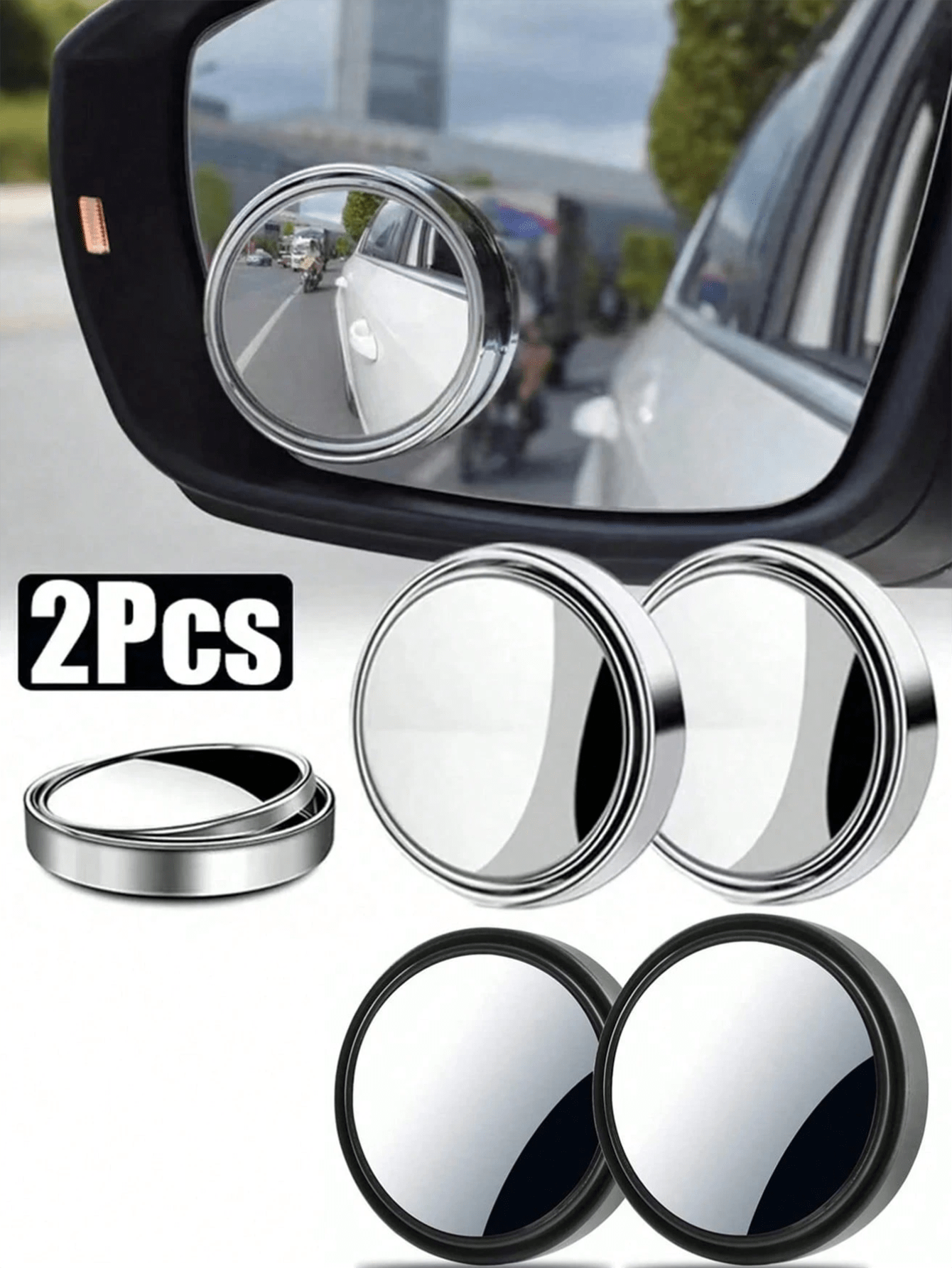 2pcs 360 Degree Adjustable Blind Spot Auxiliary Rearview Convex Mirror, Round Frame Wide Angle Fit For Car Rearview Mirror