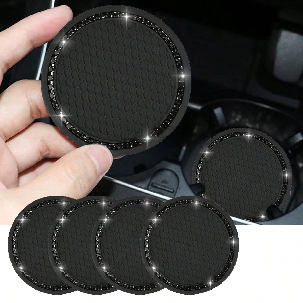 2PCS/4pcs Car Cup Coaster, Bling Cup Holder Insert Coasters,Universal Auto Non-Slip Cup Holder Embedded In Ornaments Silicone Coaster, Car Interior Accessories Mat,8cm/3.1 Inch Soft Crystal Rhinestone