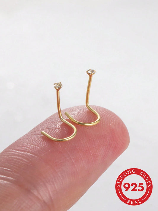 2pcs 925 Sterling Silver Nose Stud Ring Piercing Hook Nose Stud Screw, Tiny 1.5mm Crystal, 24 Gauge, Consumables, Unisex