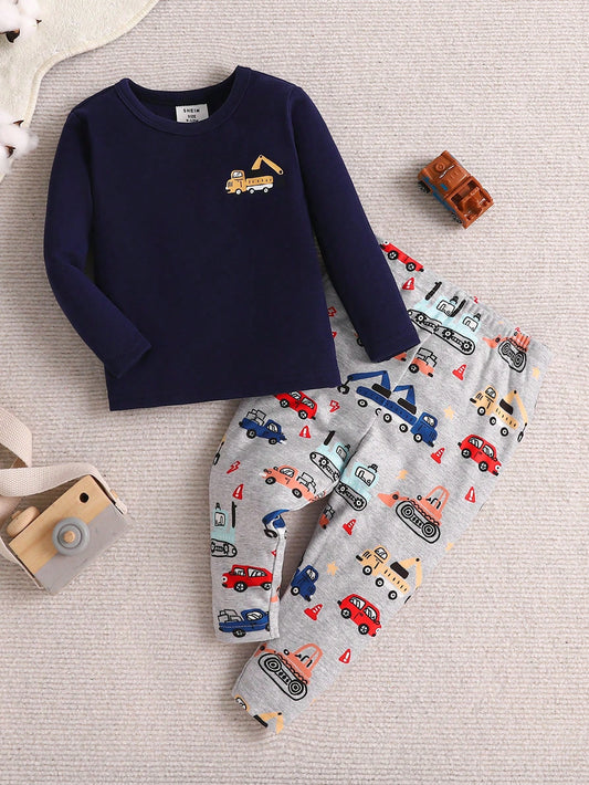 2pcs Baby Boy's Snug Fit Cartoon Car Printed Long Sleeve Top And Pants Knit Comfy Pajamas Set