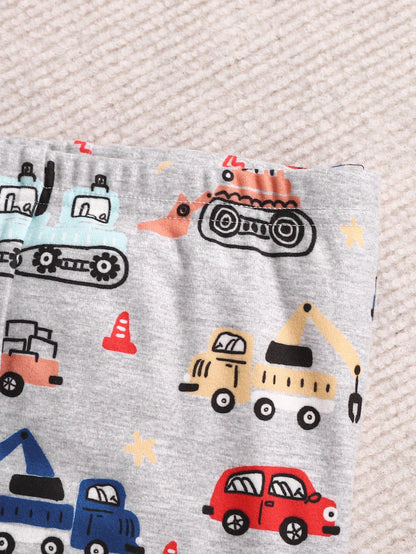 2pcs Baby Boy's Snug Fit Cartoon Car Printed Long Sleeve Top And Pants Knit Comfy Pajamas Set